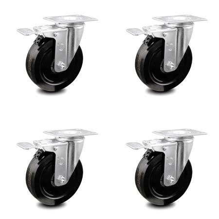 Phenolic Swivel Top Plate Caster Set of 4 with Roller Bearings - 5 inch Black Wheels - Includes 4 Swivel with Total Lock Brakes