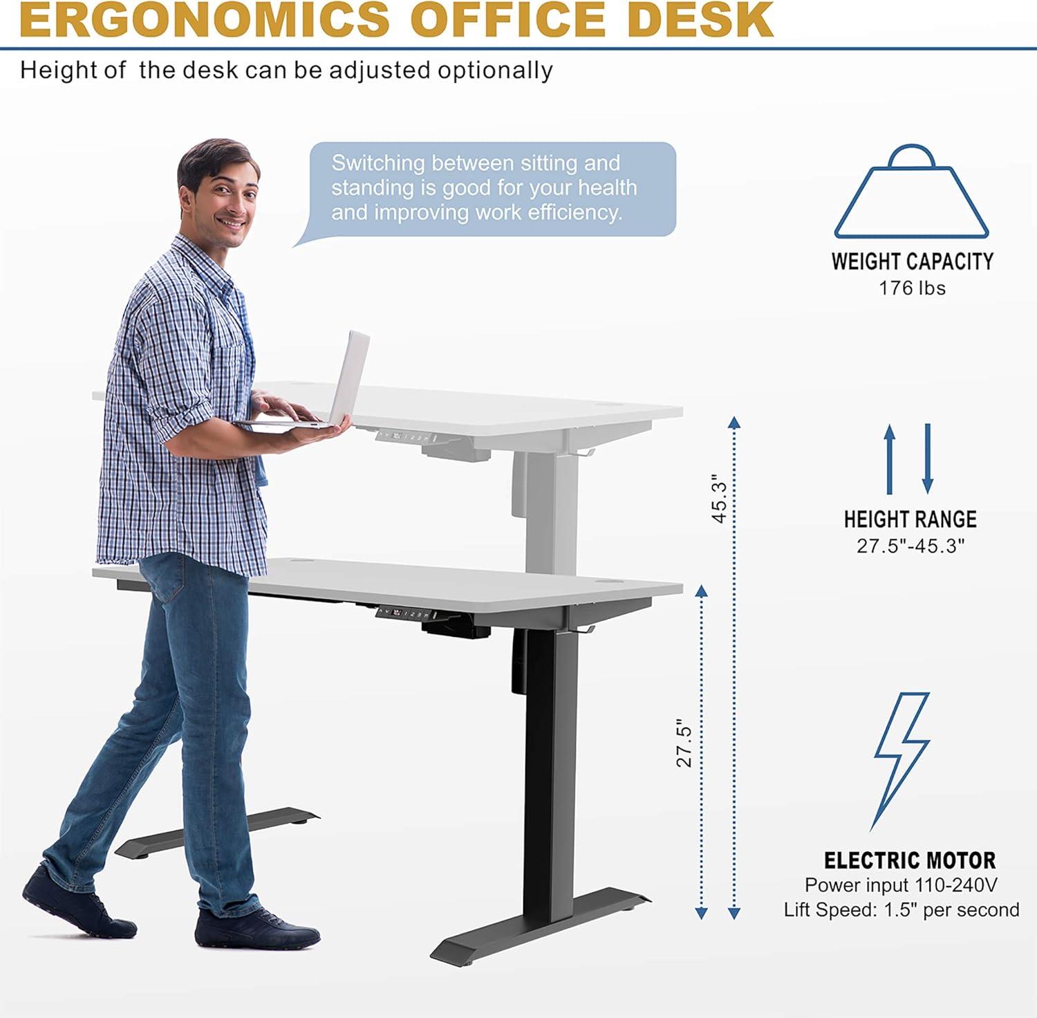 Shintenchi Electric Standing Desk, 63 x 24 Inch Height Adjustable Sit Stand Desk Morder Home Office Stand Up Desk Computer Work Station with Splice Board, (Black Frame + White Top)