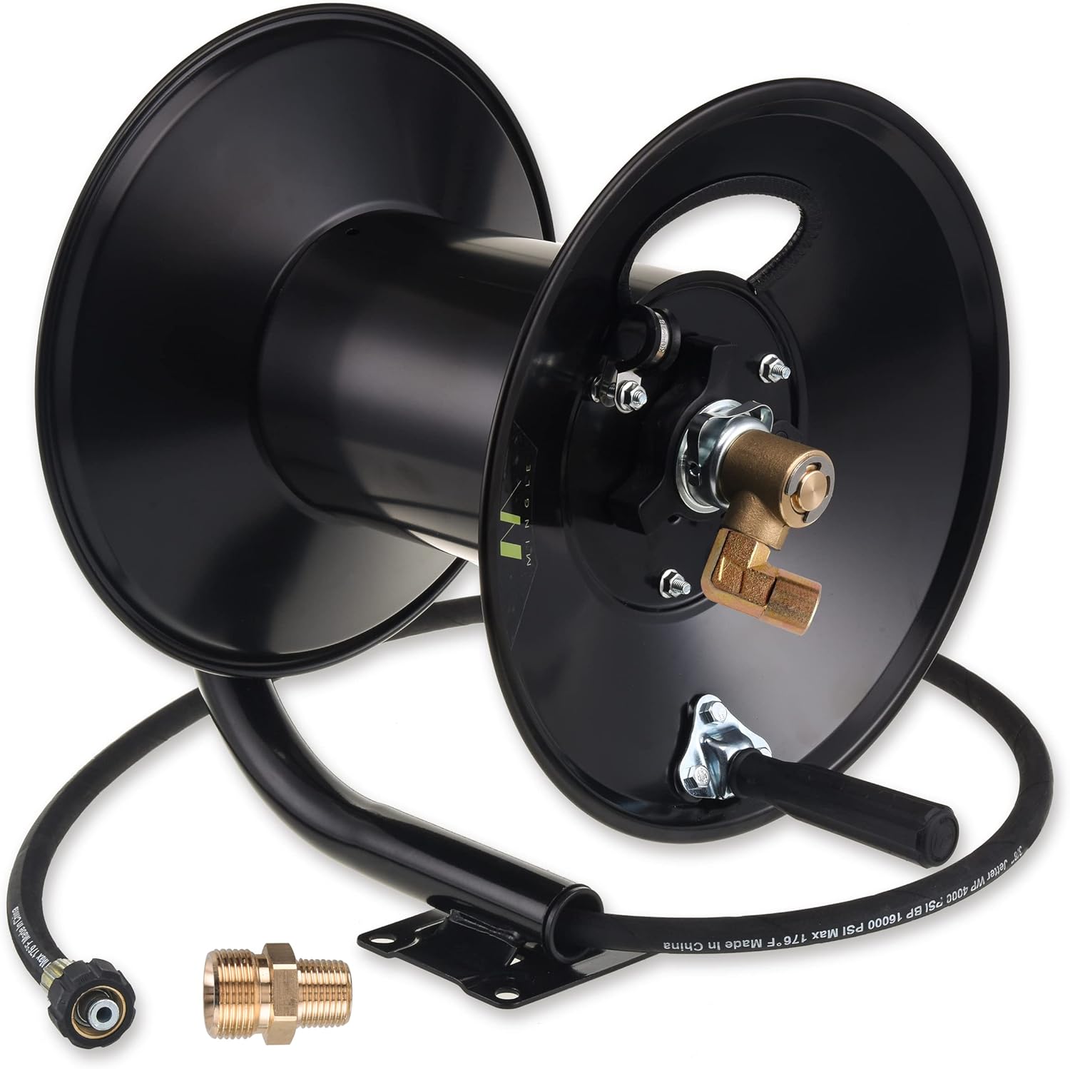 M MINGLE High Pressure Washer Hose Reel 100ft, Heavy Duty Steel Hose Reel, Manual Crank Power Washer Hose Reel with 3/8