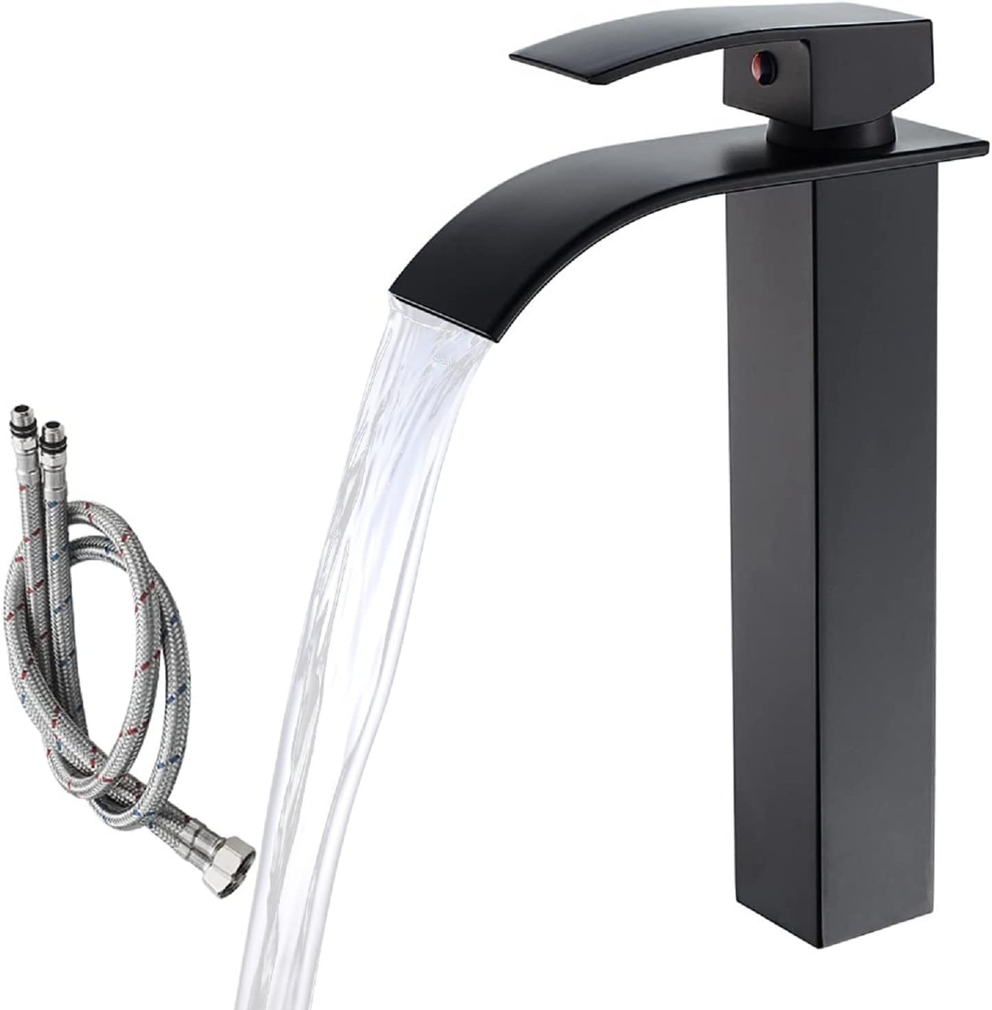 Matte Black Waterfall Spout Bathroom Faucet, Single Handle Hot & Cold Bathroom Sink Faucet, RV Vanity Basin Container Faucet with Deck, Hot & Cold Water Inlet Hose, Brass +Ceramic Valve Core