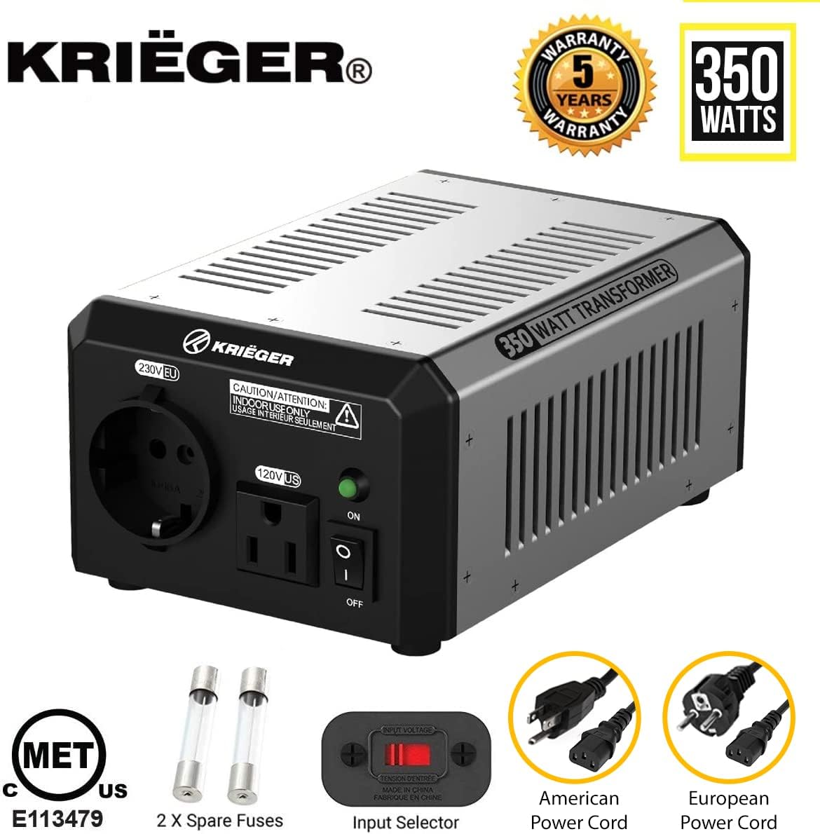 Krieger 350 Watt Voltage Transformer, 110/120V to 220/240V Step Up Step Down Voltage Converter with AC Outlets, MET Approved Under UL, CSA