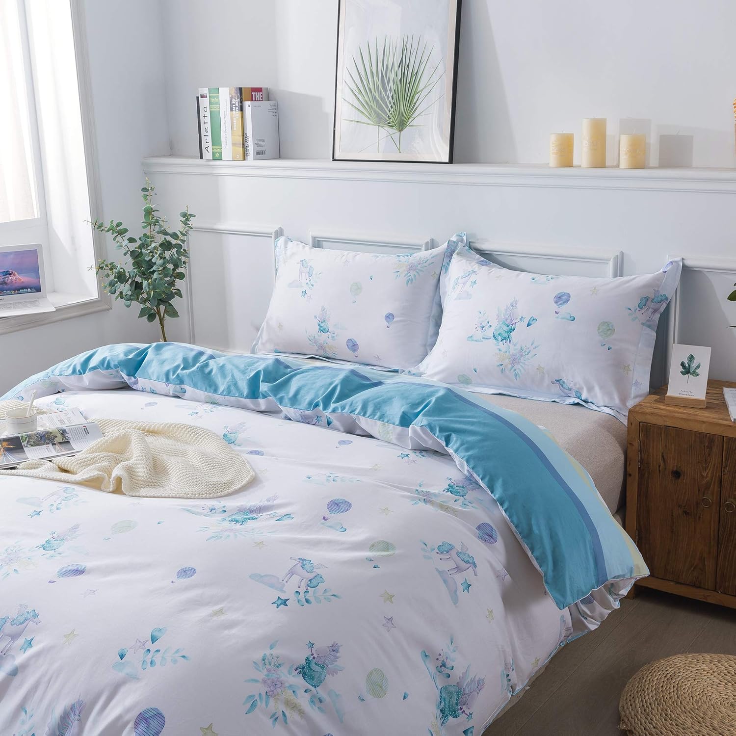 Brandream Kids Bedding Set Twin Size 100% Cotton Blue Boy Girl Adventure Hot Air Balloon Print Reversible Duvet Cover Set 3-Piece (No Comforter Included) Pack of 2