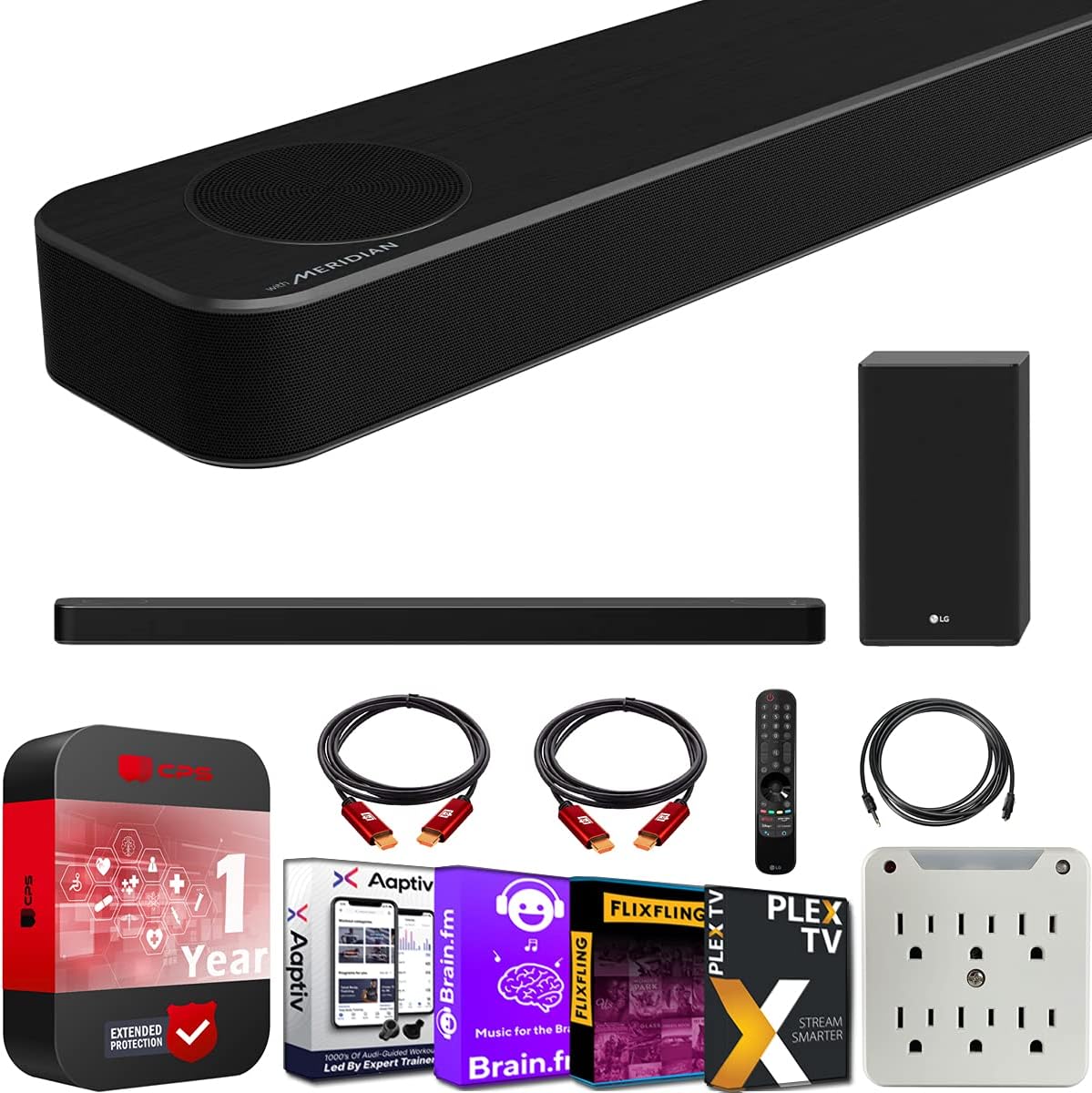 LG SP8YA 3.1.2 Channel Sound Bar (2021) Dolby Atmos & DTS Virtual:X and High Res Audio + Wireless Subwoofer Bundle with CPS Protection Pack + Deco Gear Home Theater Kit 2 HDMI Cables + Surge Adapter