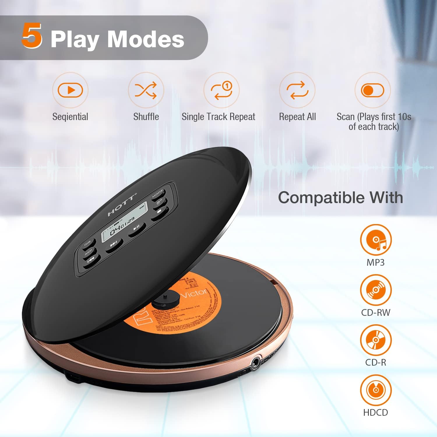 HOTT CD711 Portable CD Player for Car Home Travel with Headphones Pack of 2