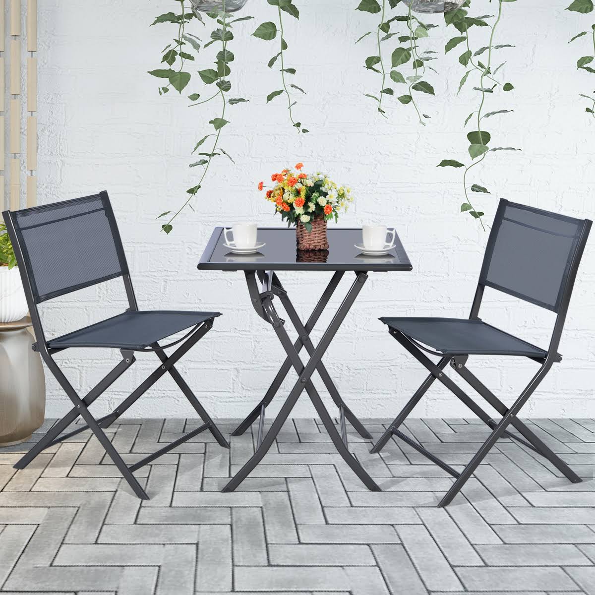 Costway 3 Piece Bistro Set Garden Backyard Table Chairs Outdoor Patio Furniture Folding Dark Gray