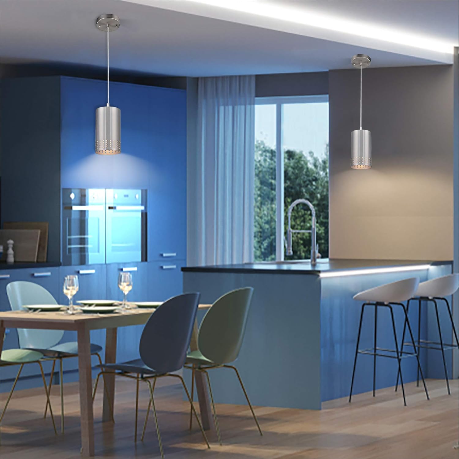 Dysmio Lighting One-Light Adjustable Mini Pendant with Perforated Cylindrical Metal Shade, Brushed Nickel Finish Pack of 2