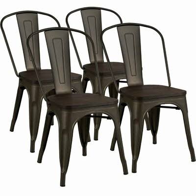4 Pcs Metal Dining Side Chair Stackable Wood Seat Williston Forge