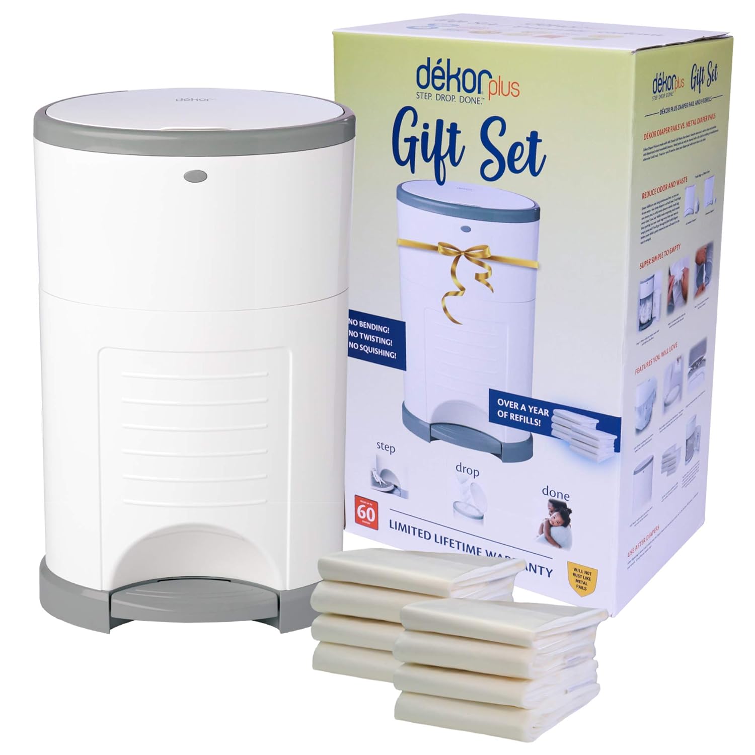 Dékor Plus Diaper Pail Gift Set – White | Comes with Over a Year's Supply Worth of Dékor Refills! Pack of 2