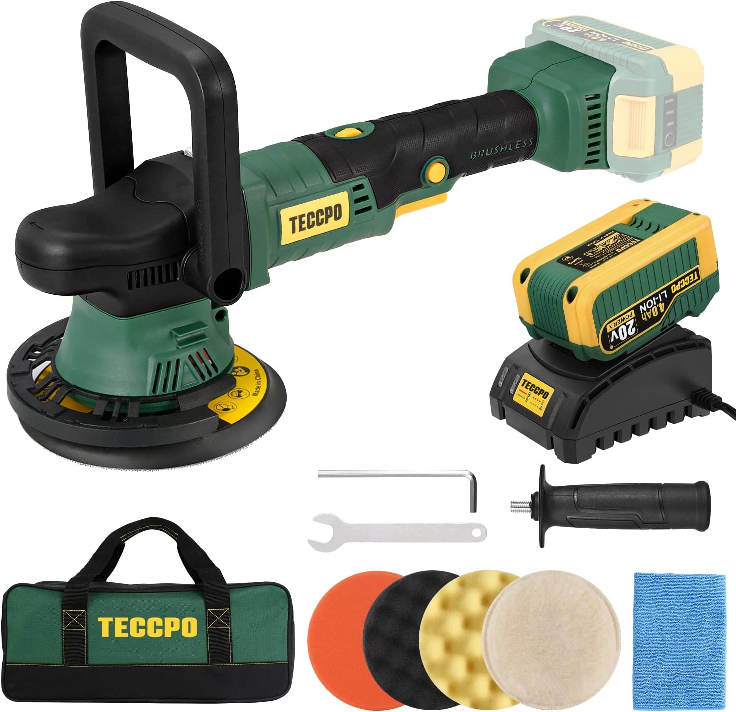 TECCPO Cordless Brushless Polisher 20V, 6-Inch Dual Action Random Orbit Buffer Polisher, 2000-5500 RPM 6 Variable Speed, with 4.0Ah Battery, Fast Charger, 4 Polishing Pads for Car Polishing, Waxing