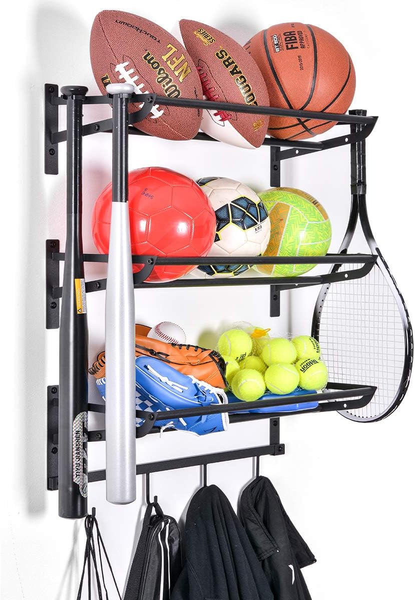 XCSOURCE Sports Equipment Storage Rack for Basketball/Football/Baseball with 3 Separate Storage Racks, Sport Equipment Organizer & 4 Hooks for Badminton Racket Pack of 2