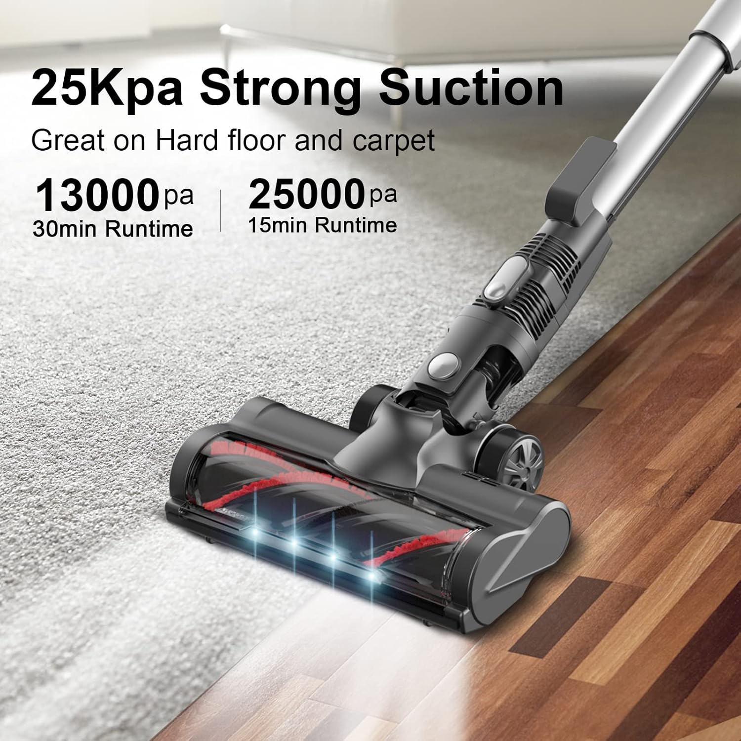 Cordless Vacuum Cleaner, 25Kpa Powerful Stick Vacuum Cleaner Cordless with 250W Motor, Household Vacuum Cleaners 8 in 1 with Electric Sofa Brush, Hose for Hard Floor Carpet Pet Hair