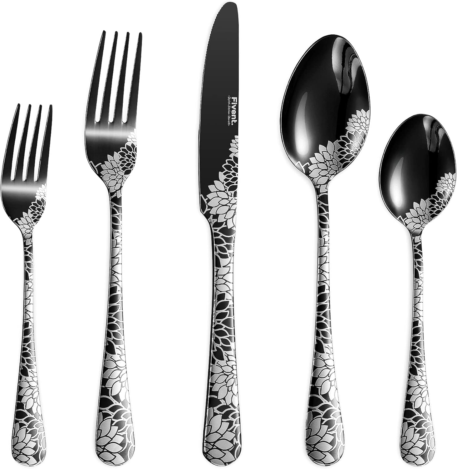 Fivent Floral Damask Rose Black Cutlery Set - 20 pcs - Includes 8 x Spoons, 8 x Forks, 4 x Knife - Stainless Steel, Dishwasher Safe, Mirror Polished Tableware - Durable Flatware - Home Kitchen
