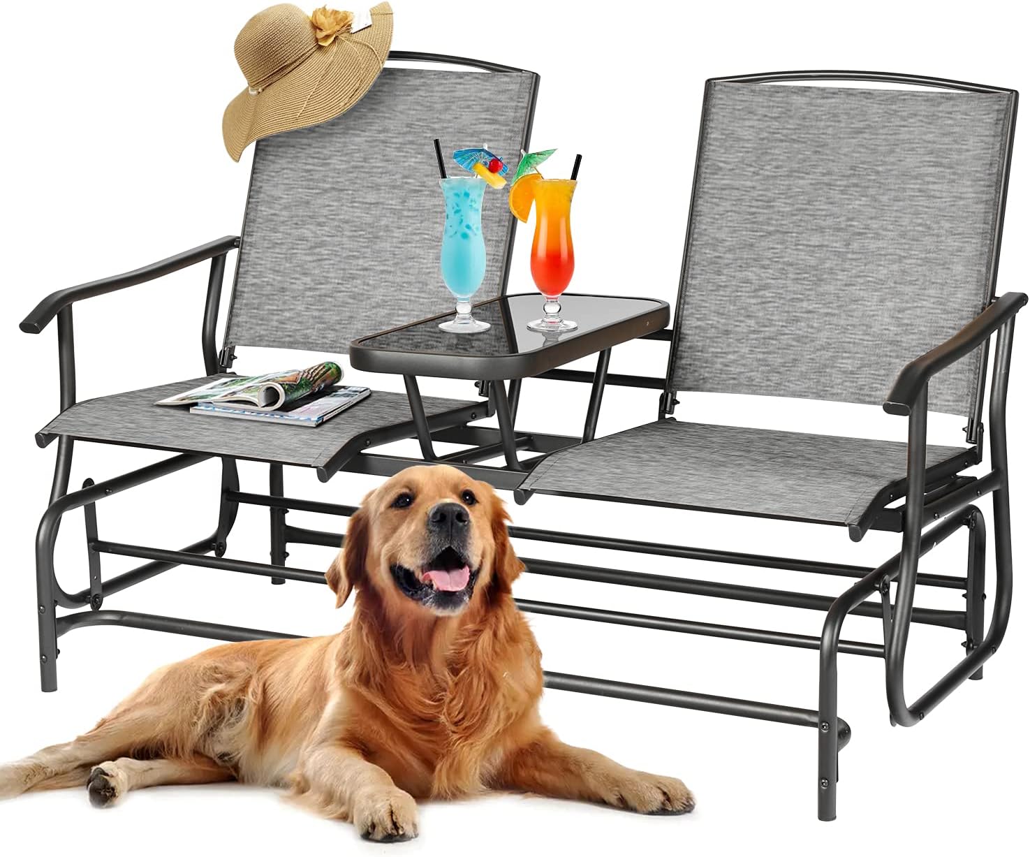 STHOUYN Gliders for Outside Patio with Table, Front Porch Swing Rocker Bench for 2 Person, Backyard, Poolside, Garden Grey (Grey)