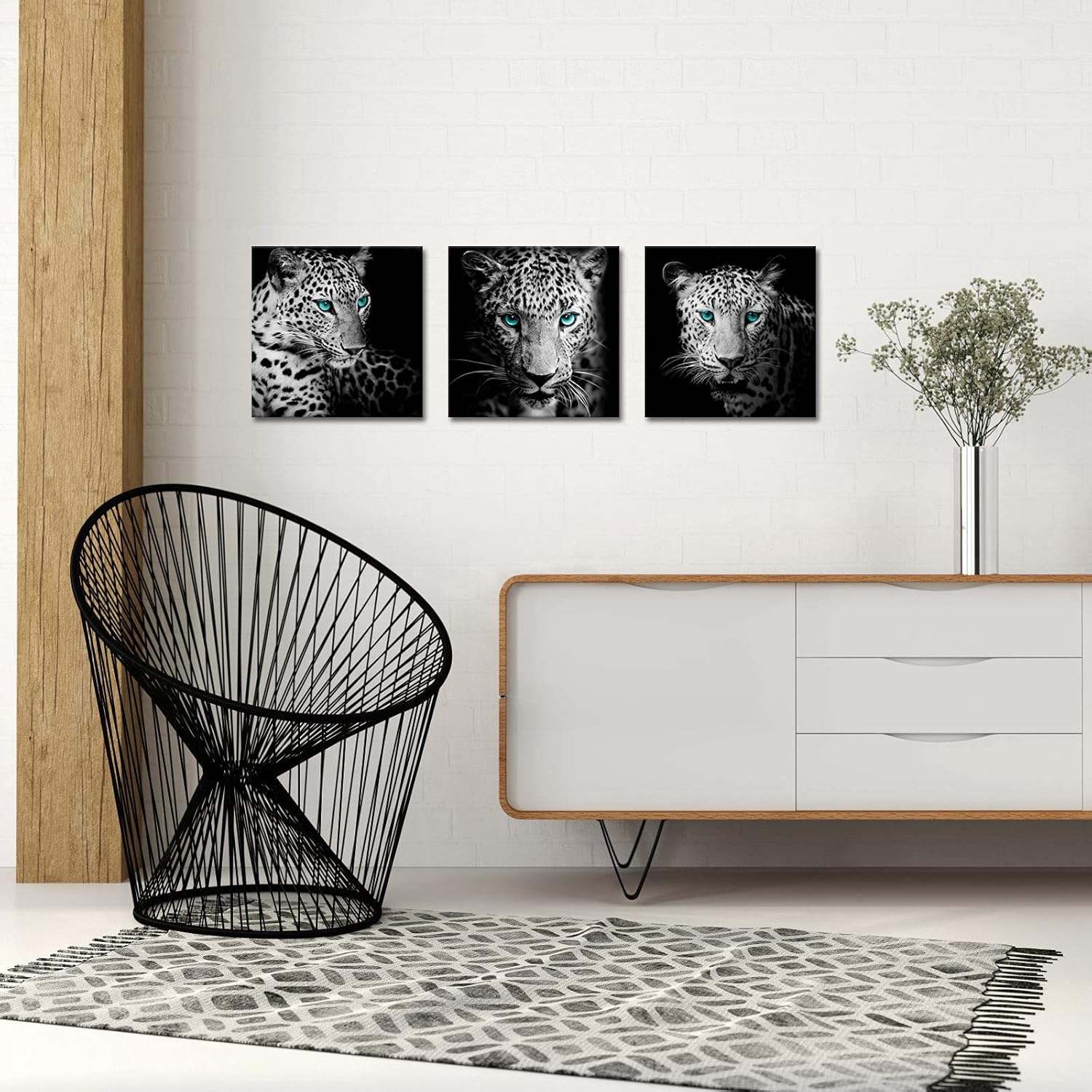 ArtKissMore Leopard Canvas Wall Art 3 Piece Black White Teal Eyes Animal Picture Prints on Canvas for Modern Home Office Bathroom Kid Boy Room Decor Stretched Framed12x12inchx3 Panel
