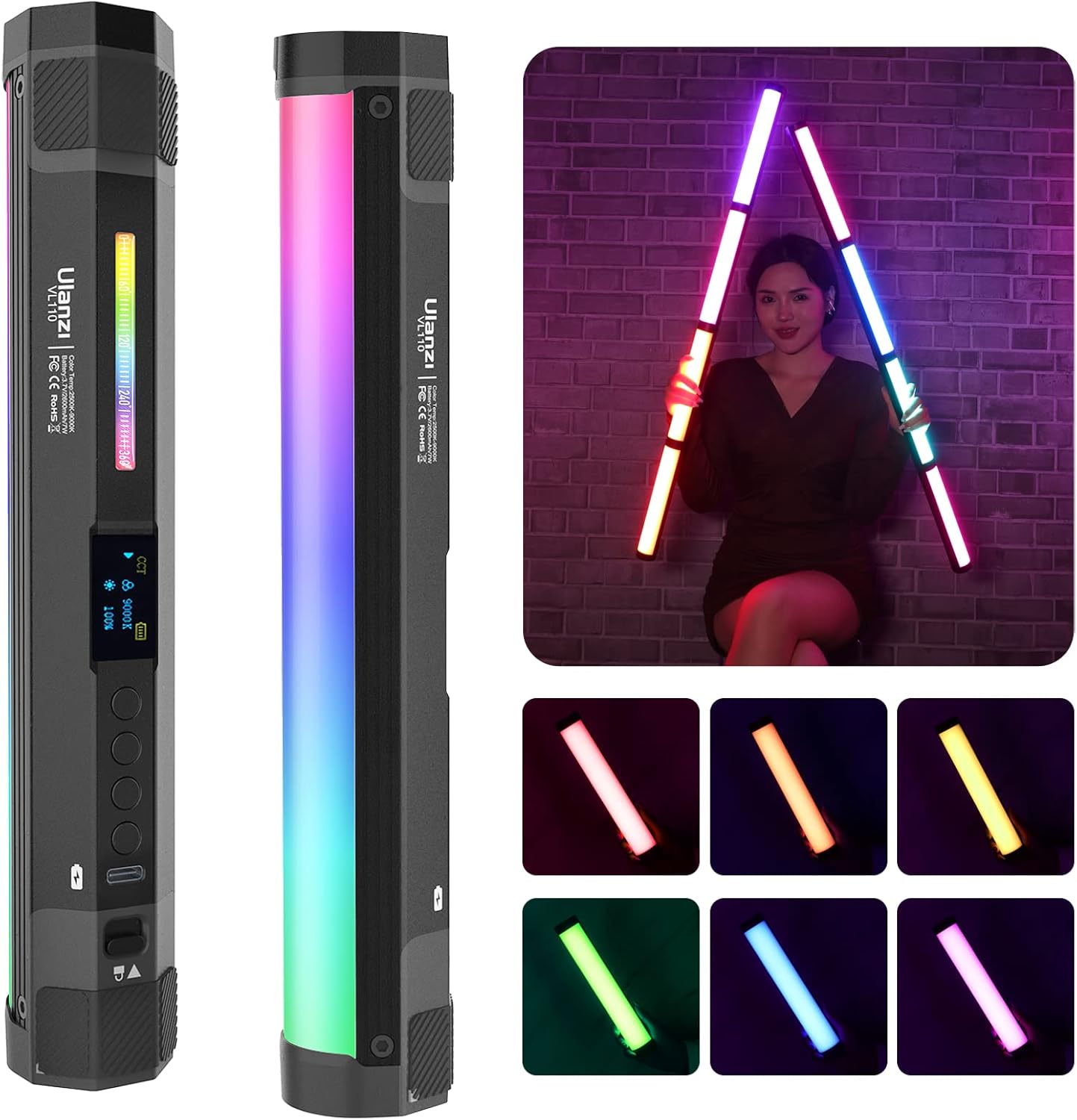 Handheld Light Wand, RGB Camera Light Stick LED Video Light Bar for Photography, 2500-9000K Dimmable Tube Light, 2600mAh Battry CRI 95+ with Magnetic Attraction for Vlog Video Shooting YouTube TIK Tok Pack of 2