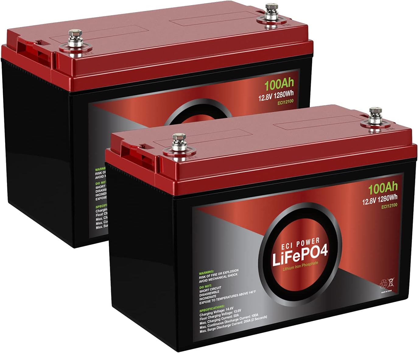 2 Pack ECI Power 12V 100Ah Lithium LiFePO4 Deep Cycle Rechargeable Battery | 2000-5000 Life Cycles & 10-Year lifetime | Built-in BMS | Perfect for RV, Solar, Marine, Overland, Off-Grid Applications