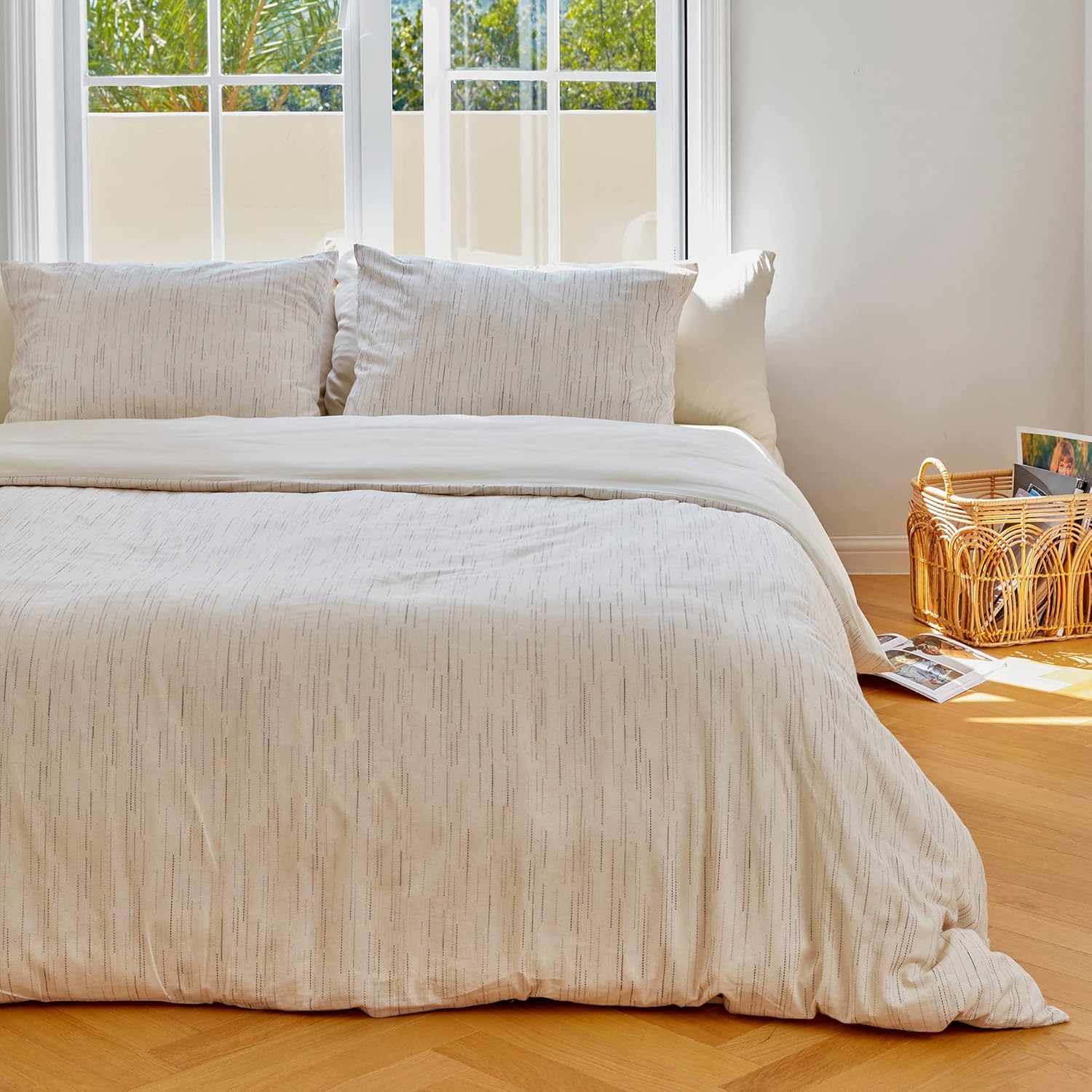 La Jolie Muse Queen Size Duvet Cover Set of 3 with Embossed Floral Pattern, White, Natural Cotton Bedding Set, Combo of Duvet Cover and Sham Covers Pack of 2