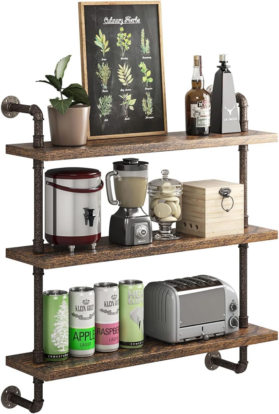 Helsin 3 Tier Industrial Pipe Shelf Rustic Wood Floating Shelves,Wall Display Bookshelf,Storage Rack Sundries Holder for Kitchen Office Bathroom Organization and Home Decor (32inch)