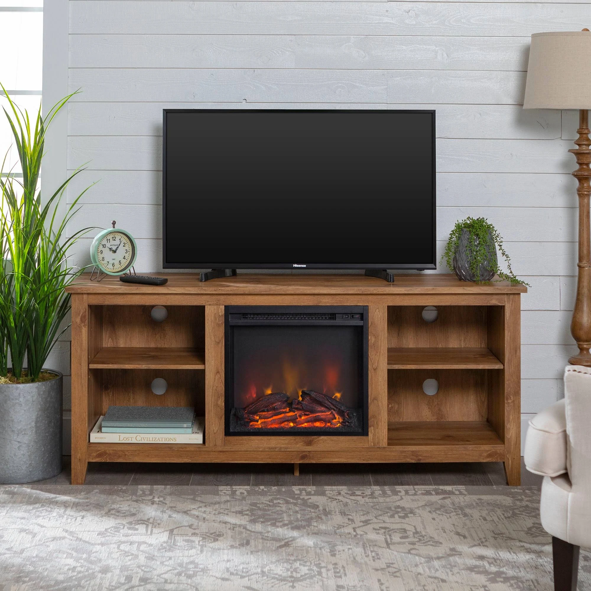 58 Wood TV Stand Console with Fireplace Barnwood Saracina Home Brown
