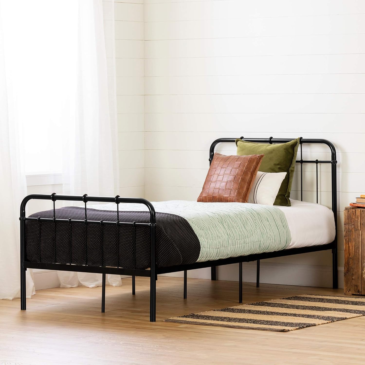 South Shore Hankel Metal Platform Bed with Headboard and Footboard-Twin-Black