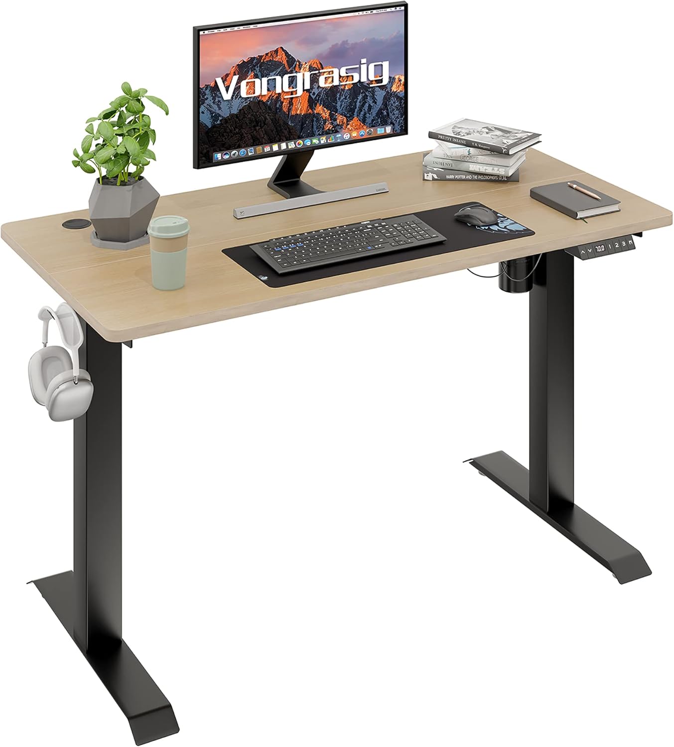 Vongrasig Height Adjustable Electric Standing Desk, 48 x 24 Inches Sit Stand Desk Home Office Stand Up Desk Computer Workstation w/Splice Table Board & Memory Controller (Phantom Black)