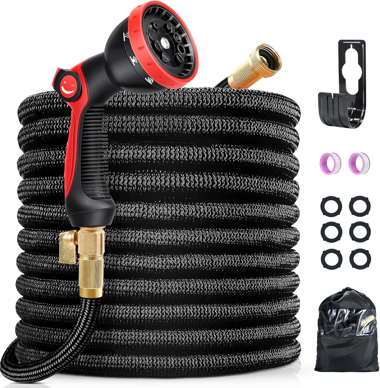 100ft Garden Hose, Expandable Water Hose with 7 Function Brass Spray Nozzle, Hose Splitter, 3750D Extra Strength Fabric, 3/4 Solid Brass Connector 4 Layer Latex Tube Lightweight Flexible Hose Pipe Pack of 2