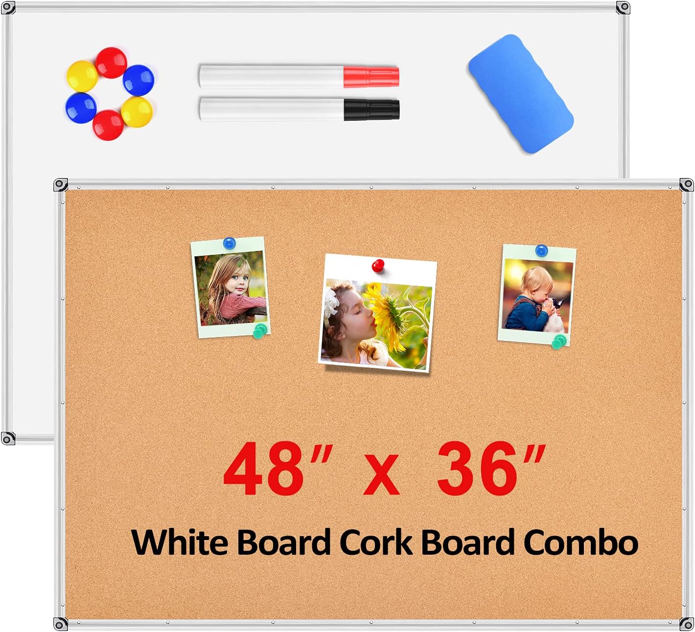 2 in 1 White Board Cork Board Combo, Magnetic Dry Erase Board 48 x 36, Bulletin Board, Aluminium Frame White Board for Wall with Removable Marker Tray, 1 Eraser, 2 Pens, 6 Magnets, and 16 Push Pins Pack of 2