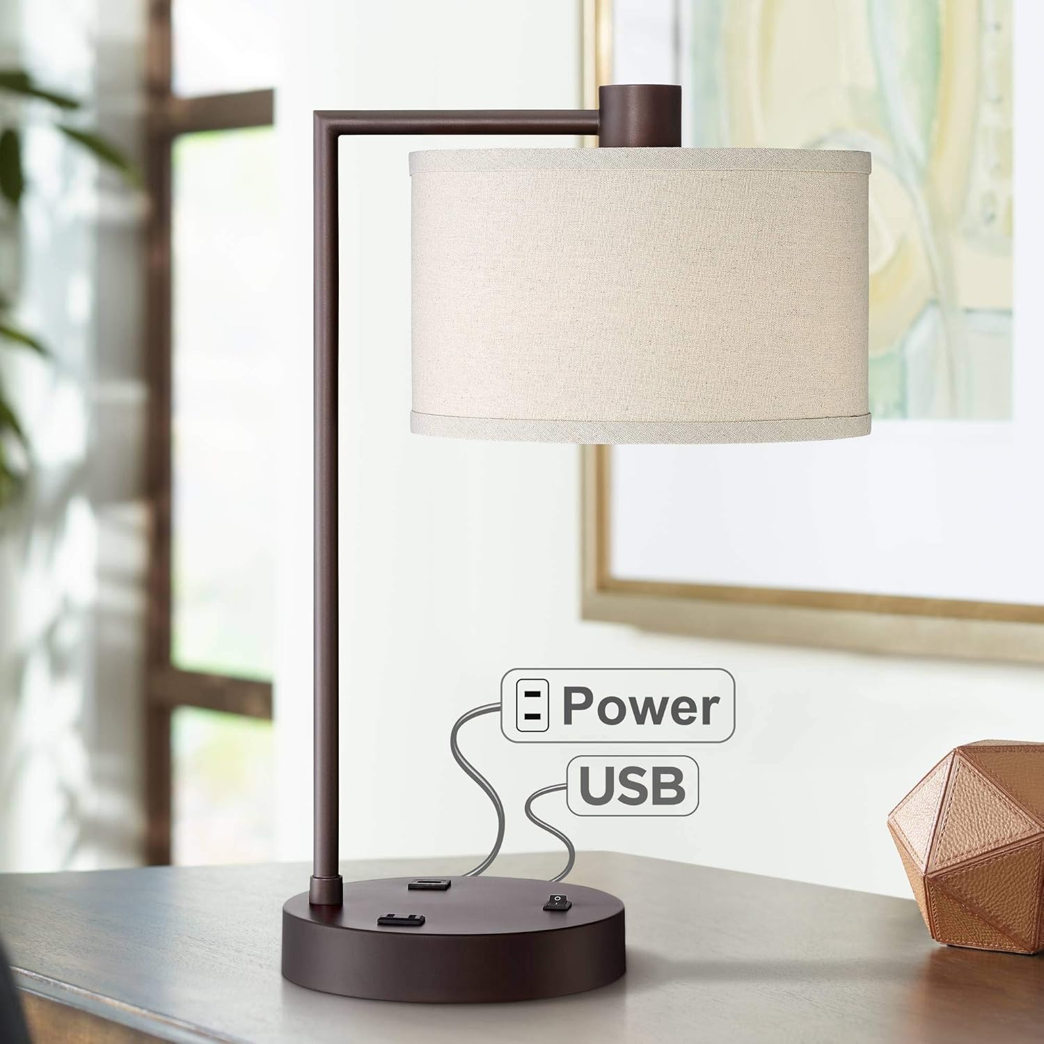 Colby Modern Desk Table Lamp with Hotel Style USB and AC Power Outlet in Base Brushed Nickel White Linen Drum Shade for Living Room Bedroom House Bedside Reading Home Office - 360 Lighting