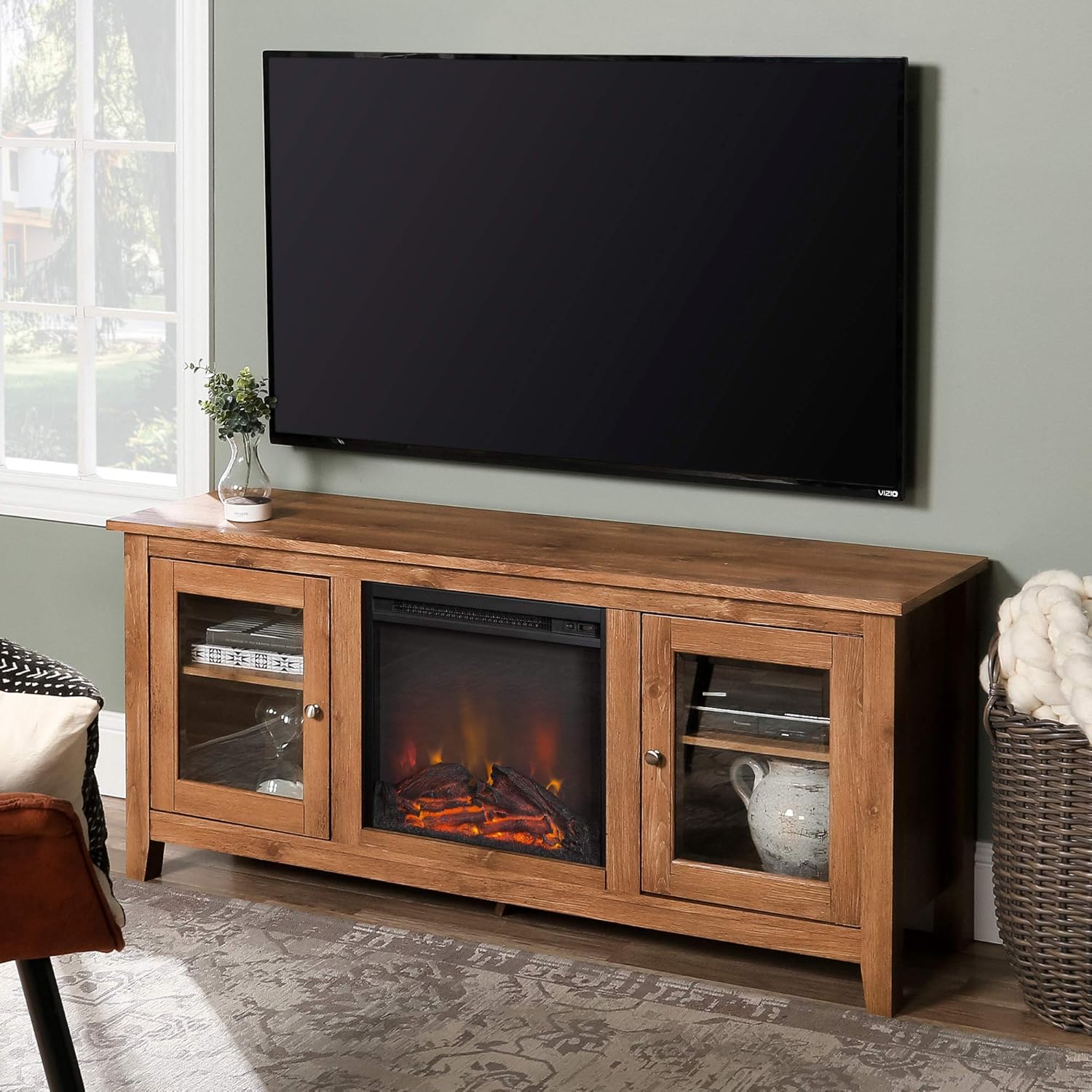 Walker Edison Glenwood Rustic Farmhouse Glass Door Highboy Fireplace TV Stand for TVs up to 65 Inches, 58 Inch, Black
