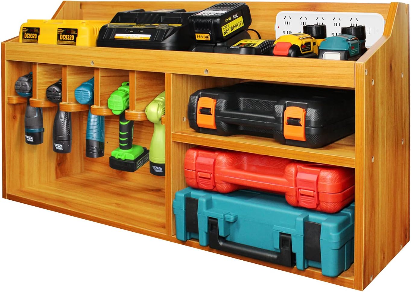 Wokyy Wall Mount Power Tool Organizer, Cordless Power Tools Wooden Shelf Rack, Drills Storage Cabinet Holder for Garage Workshop - Black Pack of 2