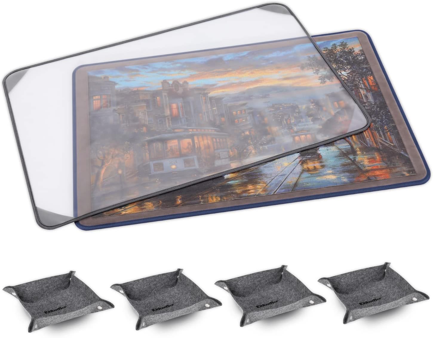 Jigsaw Puzzle Board with Cover & Sorting Trays | Kidoodler 33x22 Portable Puzzle Mat for 1000 pcs with 4 Foldable Sorting Trays | 4mm Reinforced Hardboard | Non-Slip Surface | Purple