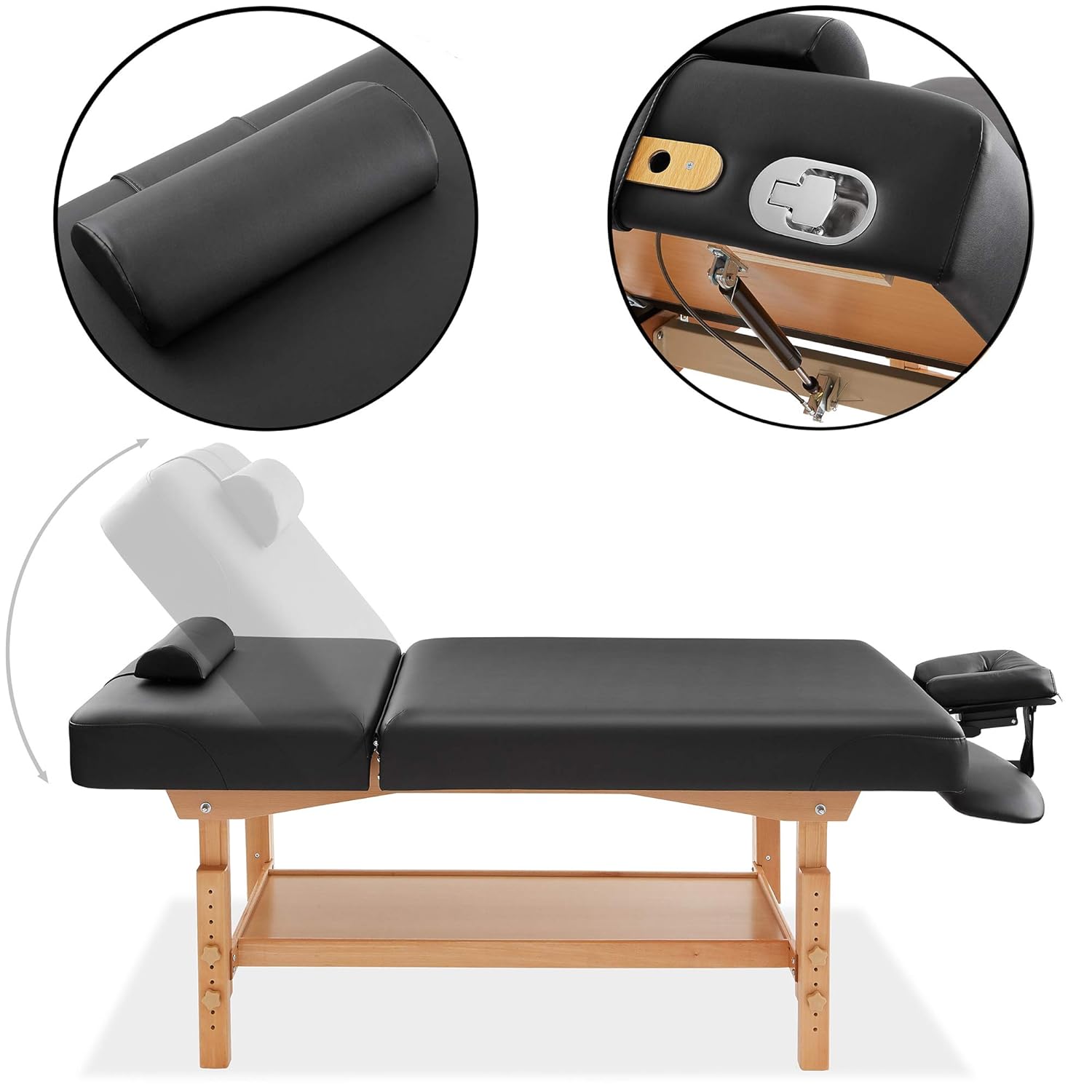 Saloniture Professional Stationary Massage Table with Backrest - Includes Shelf, Headrest, Face Cradle and Bolster - Black