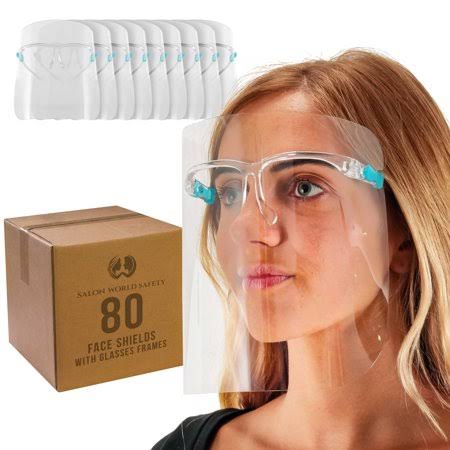 Salon World Safety Face Shields with Glasses Frames (20 Packs of 4) - Ultra Clear Protective Full Face Shields to Protect Eyes,