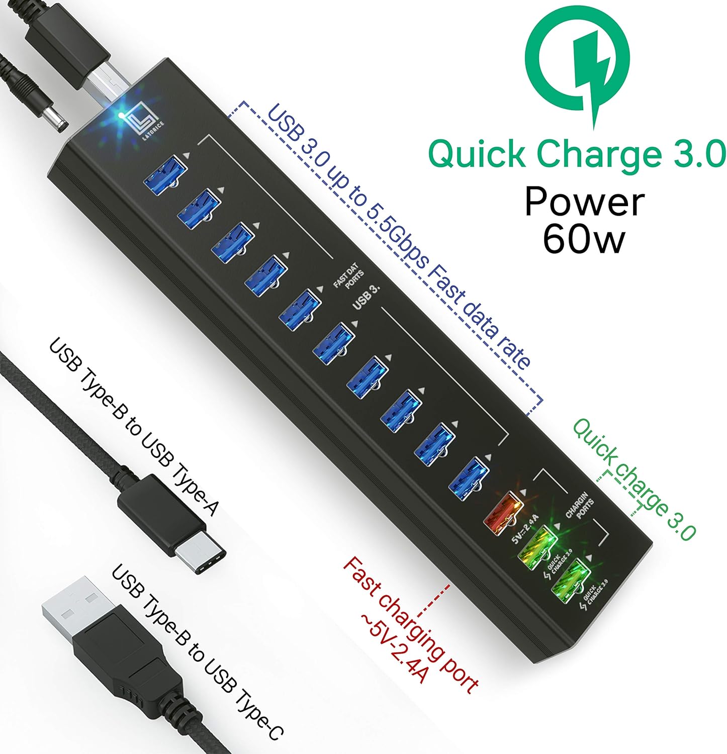 USB Hub Powered, 13 Multi-Port USB Hub with 10 USB 3.0 Ports, 2 IQ Quick Charge 3.0 Ports, and Port with up to 2,4A, Powered USB Splitter with Cords C and A, Unibody Aluminum USB HUB - by LATORICE Pack of 2