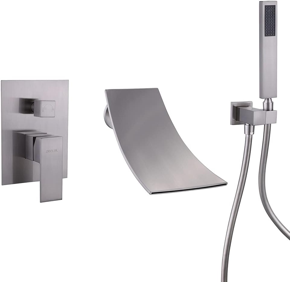 Waterfall Bathtub Faucet Matte Black, Waterfall Wall Mount Tub Filler Faucet with Handheld Shower Solid Brass, Waterfall Spout High Flow Wall Mount Tub Faucet for Bathroom- DEOLER