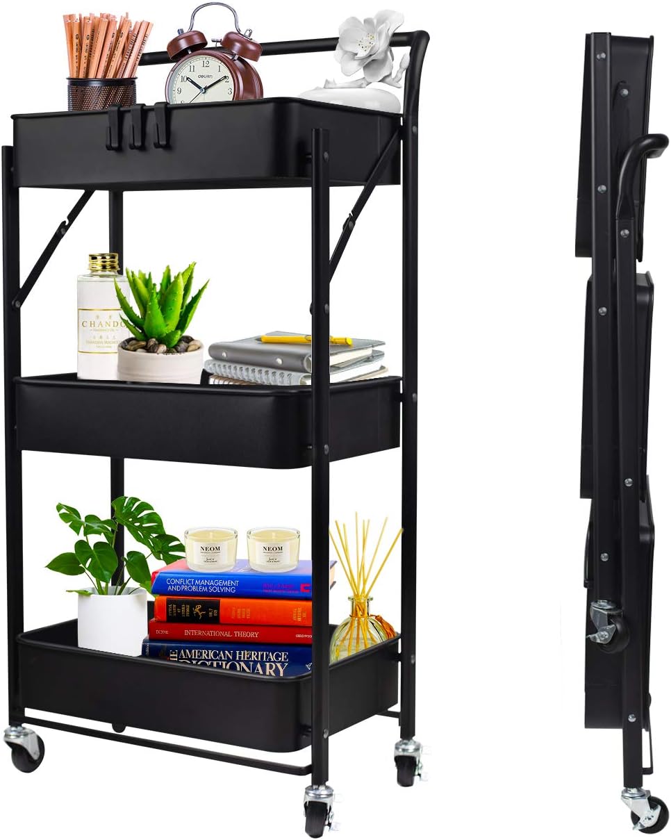 totolot 3-Tier Collapsible Rolling Utility Cart with Lockable Caster Wheels, Metal Storage Cart for Classroom, Office, Bathroom, Black