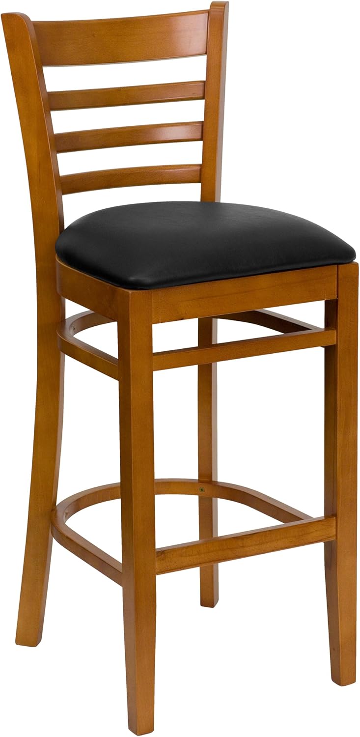 Flash Furniture HERCULES Series Ladder Back Cherry Wood Restaurant Barstool - Black Vinyl Seat