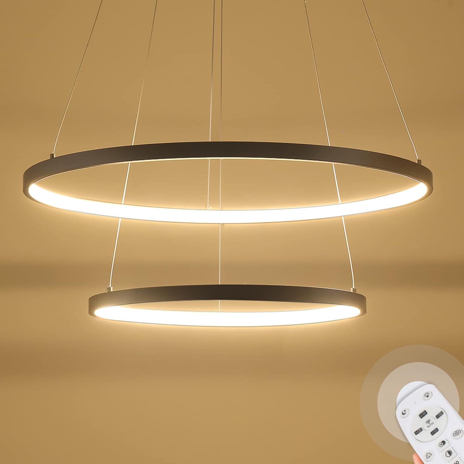 Huaguang Modern Dimmable Pendant Light, 2 Ring Black LED Chandelier Lighting with Remote Control for Bedroom Kitchen Island Living Room Dining Room Foyer (3000K Warm White)