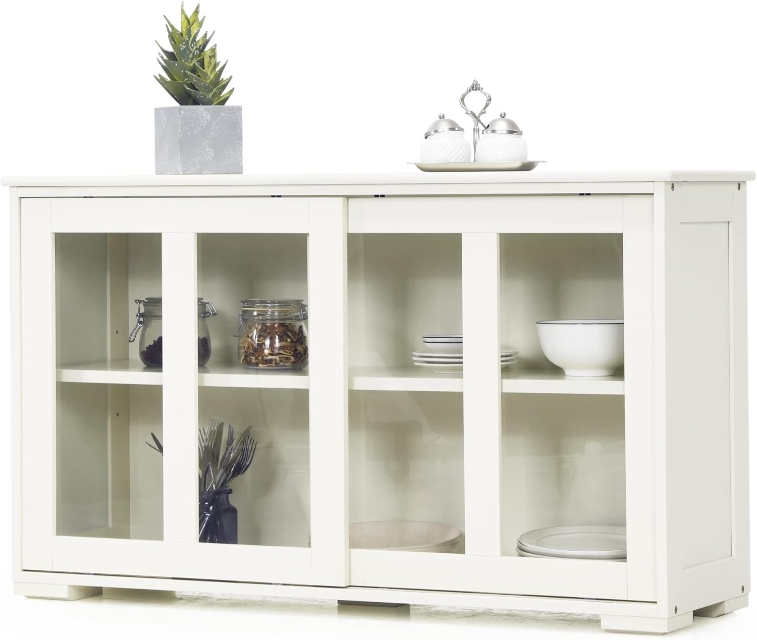 LOKO Stackable Buffet Cabinet, Kitchen Storage Cabinet with Sliding Tempered Glass Doors, Small Sideboard for Kitchen, Dining Room or Living Room, 42 x 13 x 24.5 inches (Black)