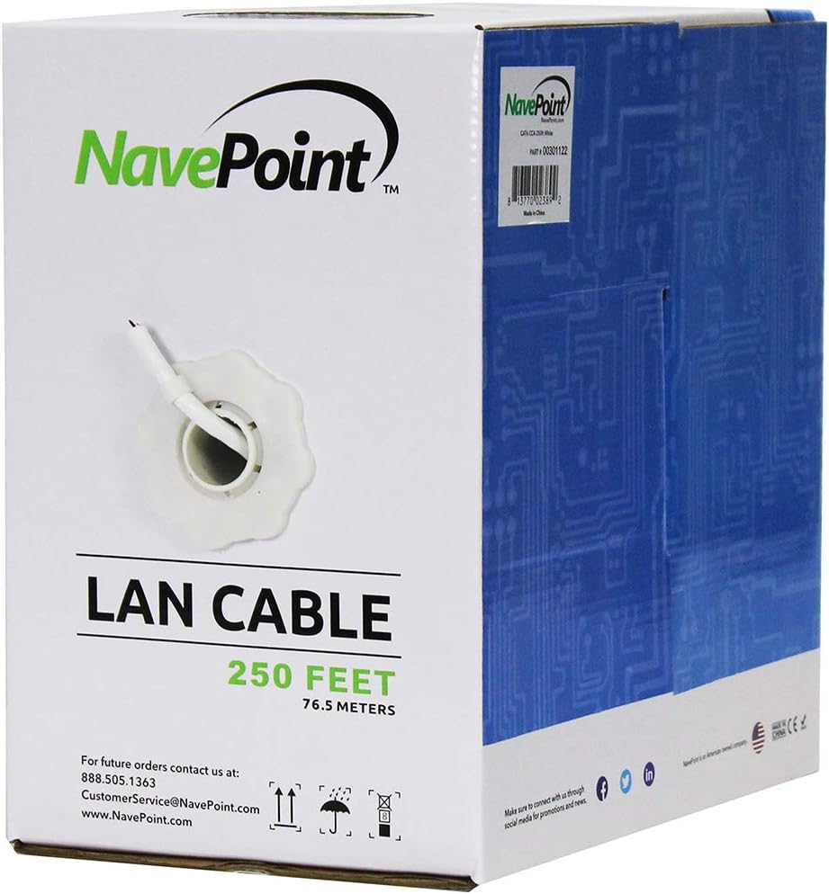 NavePoint Cat6 (CCA), 250ft, White, Solid Bulk Ethernet Cable, 550MHz, 23AWG 4 Pair, Unshielded Twisted Pair (UTP) Pack of 2