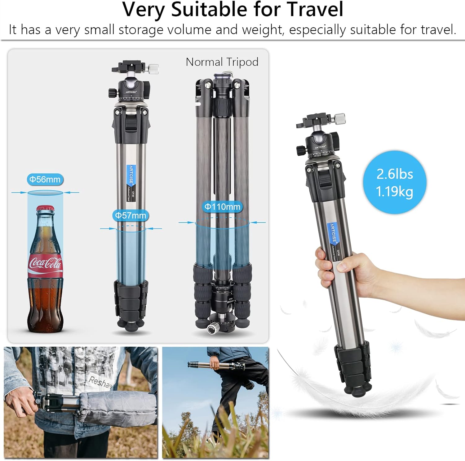 69.3” Camera Tripod Travel Tripod Ultra Compact New Hexagonal Leg Tube with 36MM Low Profile Ball Head (10kg/22lb Load) with Wireless Remote for DSLR Camera, Video Camcorder Compatible with Phone Pack of 2