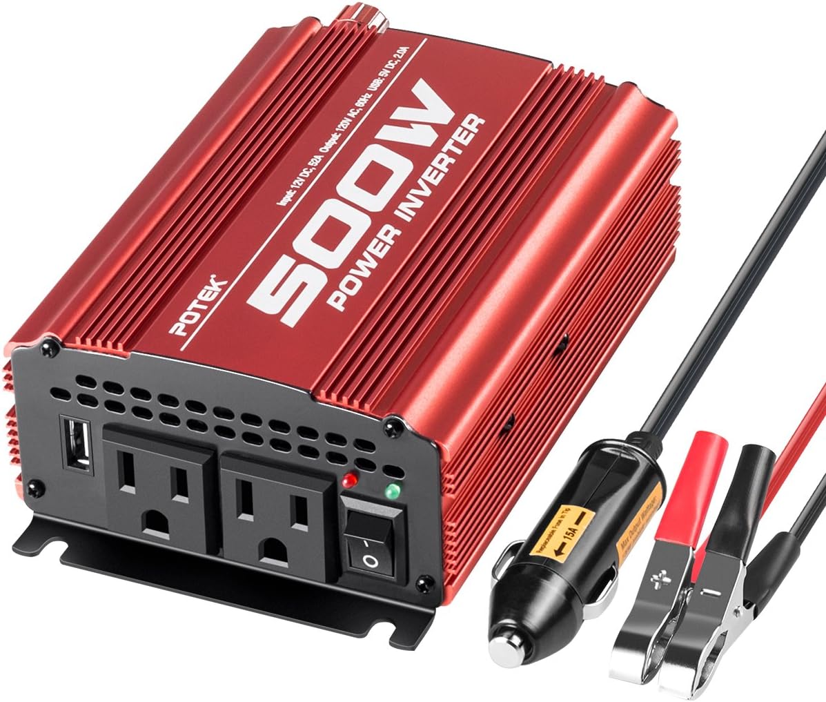 POTEK 500W Car Power Inverter DC 12V to AC 110V with 2AC outlets and 2A USB Port