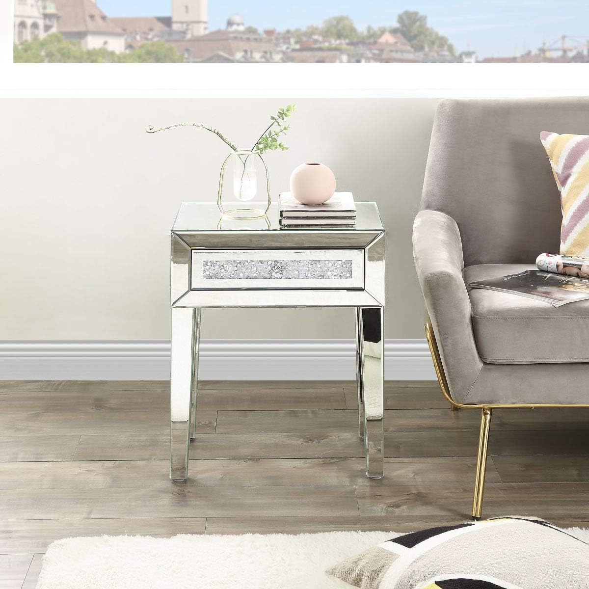 Mirrored End Table, Crystal End Table with 1-Drawers, Mirror Accent Silver Table, Modern Contemporary Furniture for Living Room from Mireo Furniture