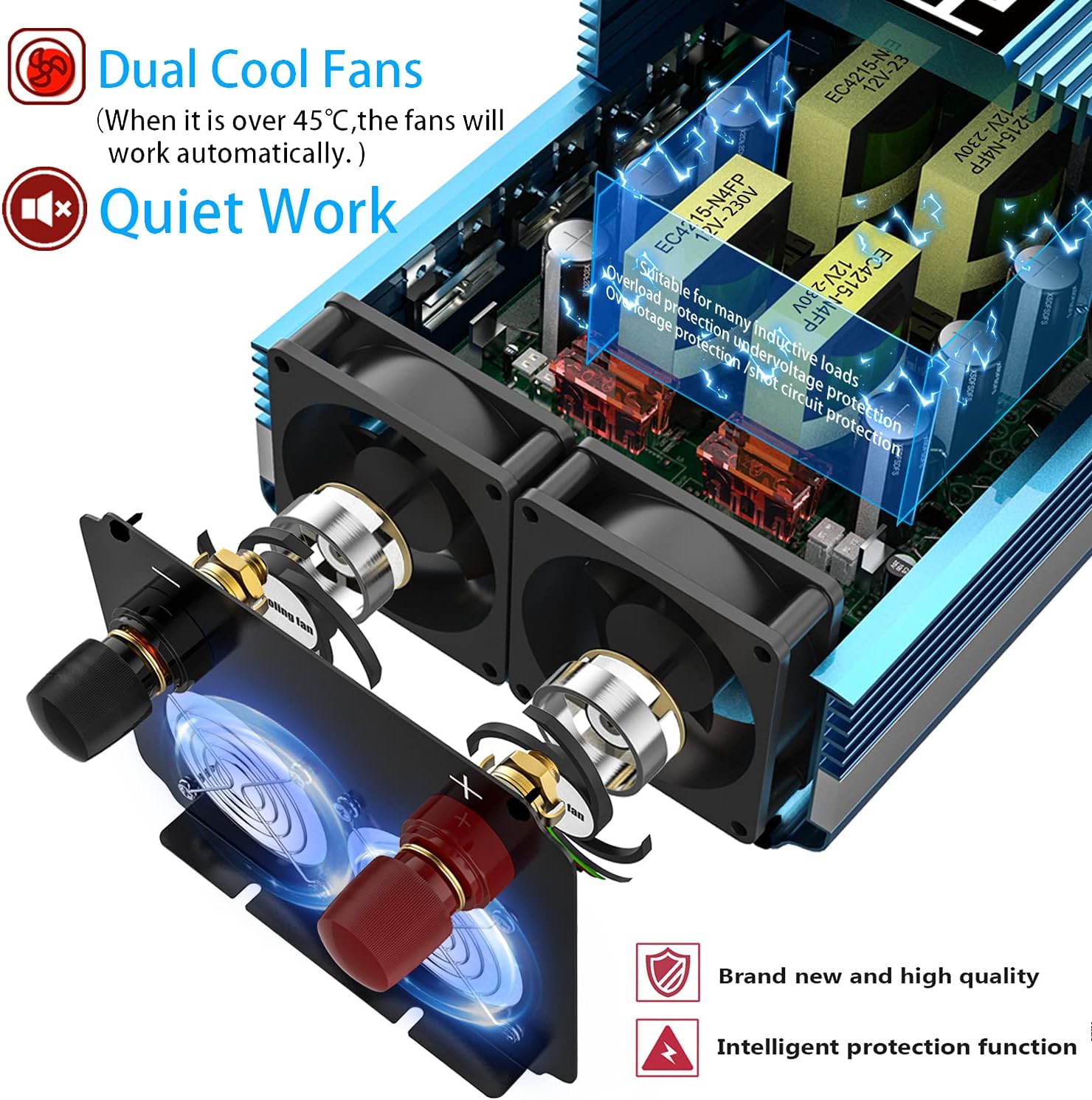 SUDOKEJI 1200W Pure sine Wave Power Inverter 12V DC to AC 110V/120V Converter 3 Socket car Inverter, 1 USB Ports Wireless Remote Control and LCD Display Dual Cooling Inverter, Suitable for CPAP RV