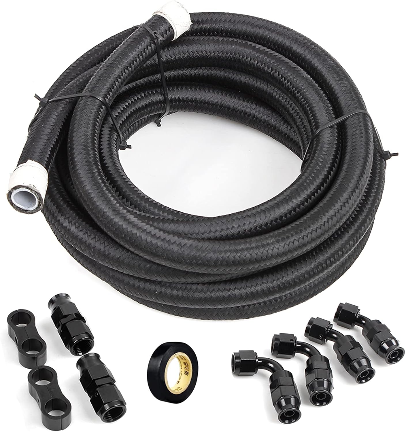 MUGE RACING 12FT PTFE 8AN Nylon Braided Fuel Line Kit 3/8in Fuel Line Hose with Hose Ends and Hose Separator Clamp,FIT E85