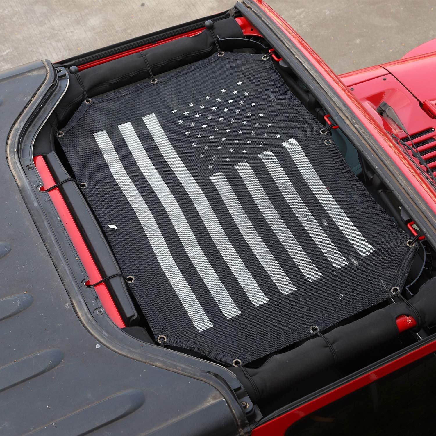 JeCar Mesh Sunshade 2 Door Durable Polyester Top Cover Provides UV Sun Protection for Jeep Wrangler JK & Unlimited 2007 - 2018 (Black and White American Flag )