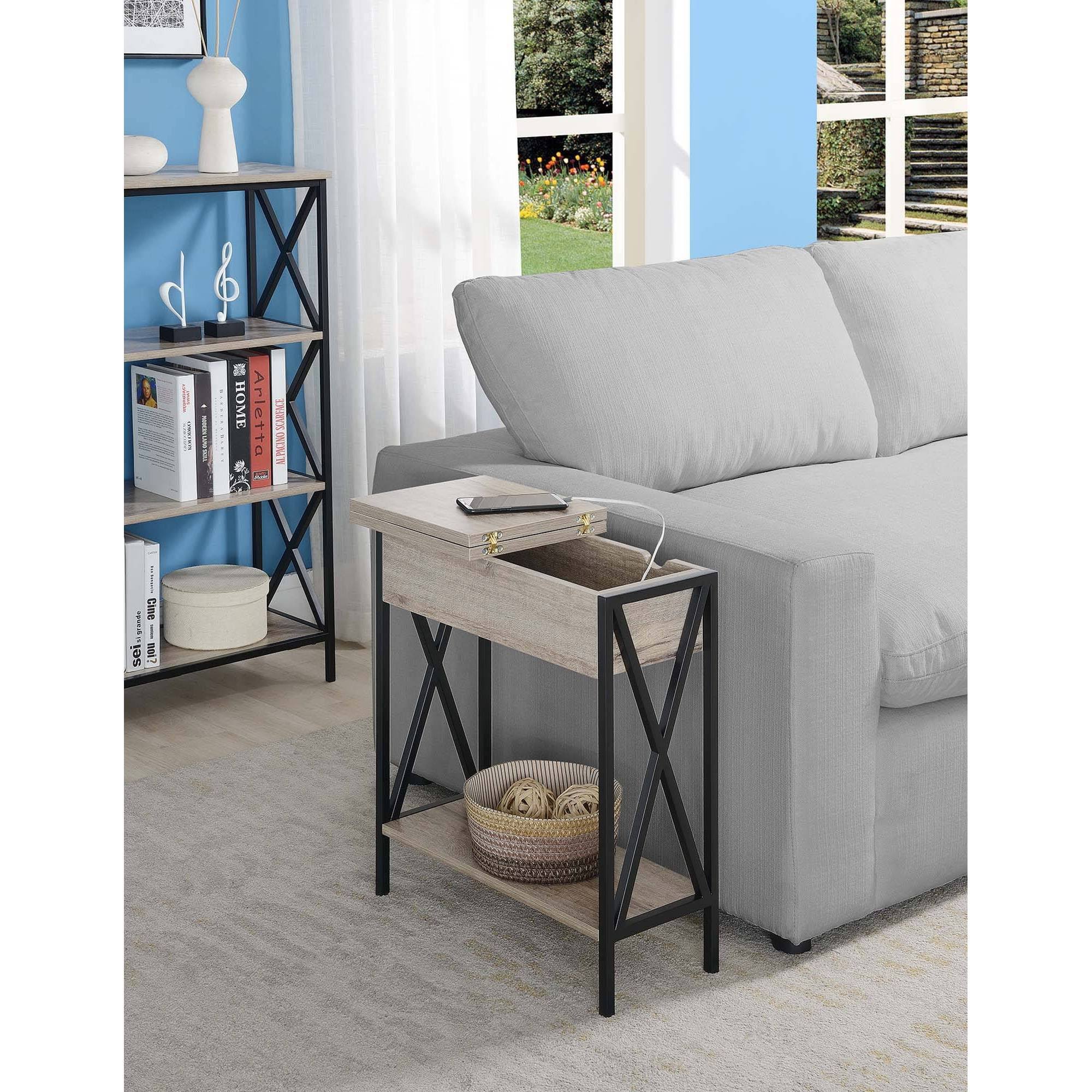 Tucson Flip Top End Table with Charging Station Sandstone/Black - Breighton Home