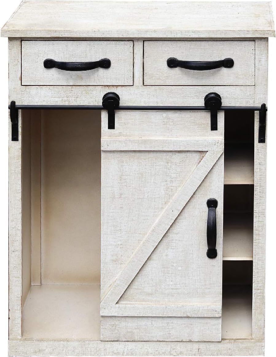 Antique White Sliding Barn Door Accent Wood Storage Cabinet, Farmhouse Style Wood End Table with 2 Drawers and 1 Cabinet, Vintage Furniture 24