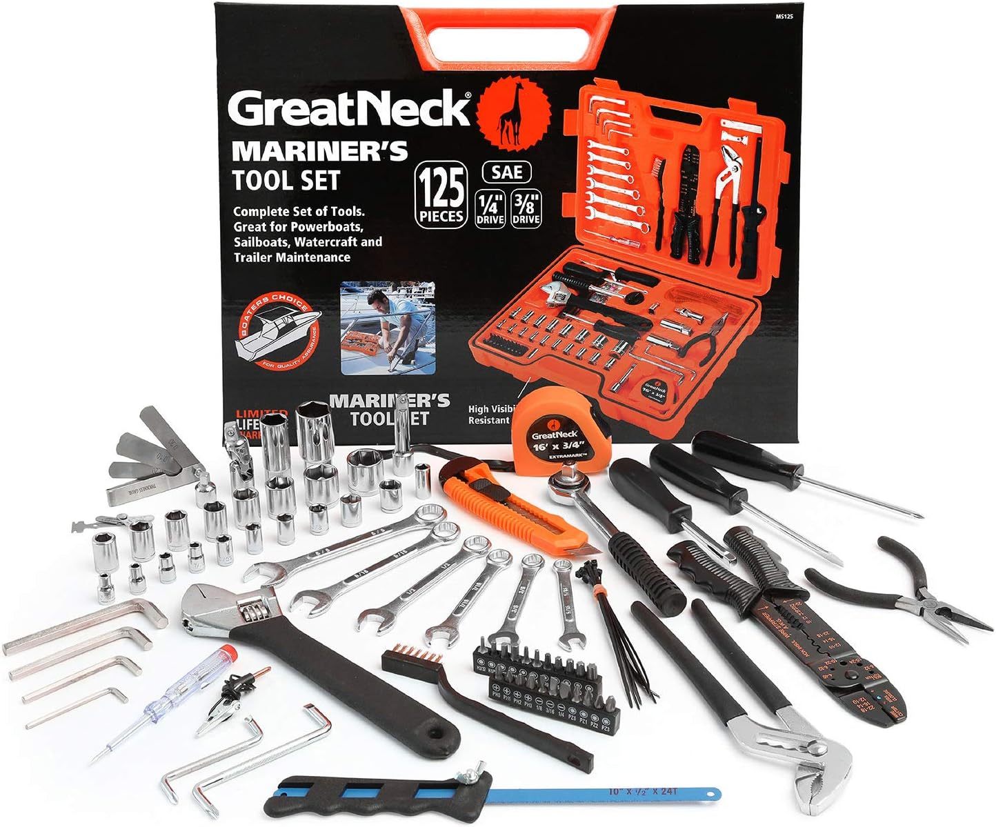 GreatNeck 125 Piece Marine Tool Set, Versatile Boat Tool Kit, Water Resistant Marine Tool Kit Case, Emergency Marine Tool Kit For Boats, Chrome Plated Pack of 2