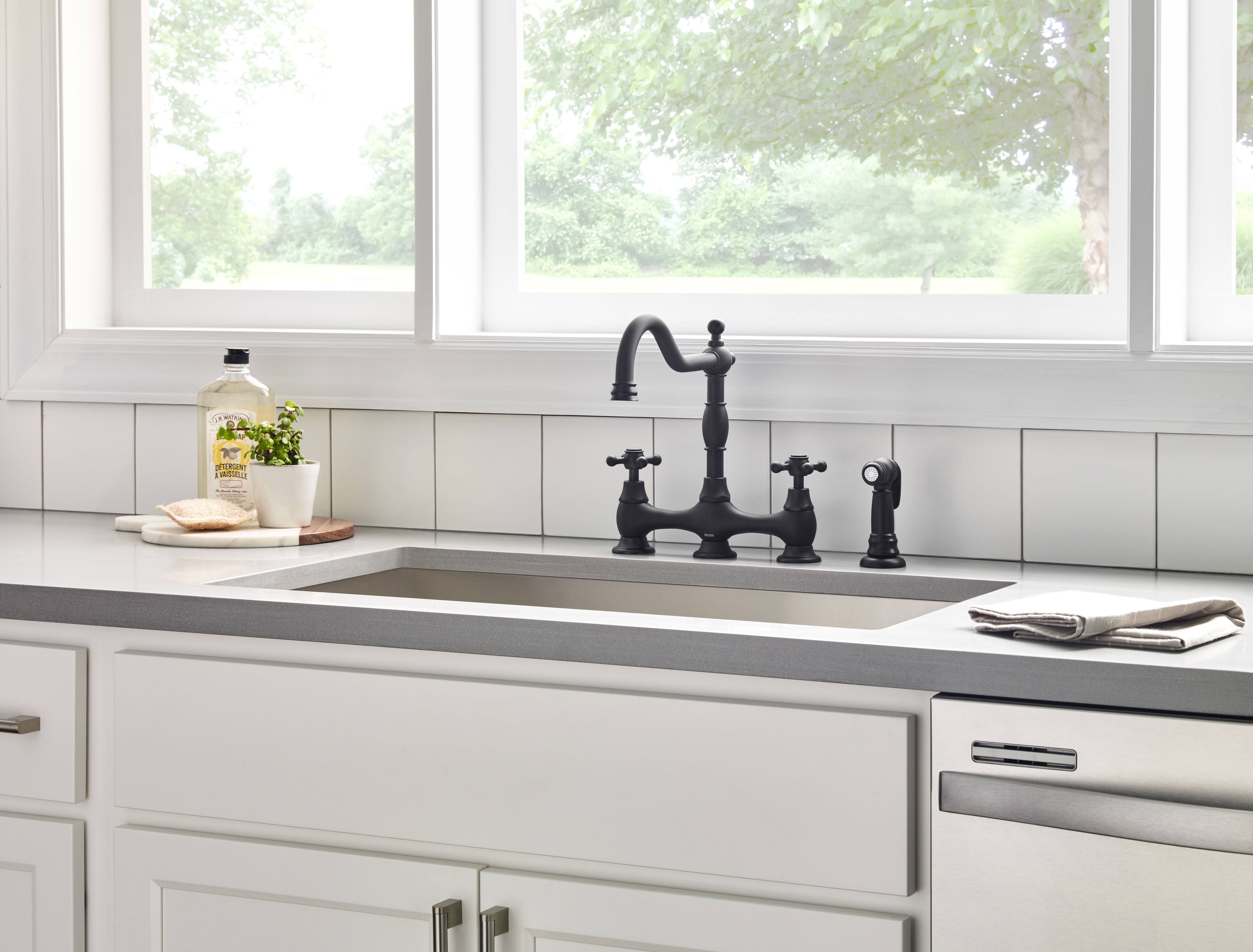 Danze D404457BS Opulence Two Handle Bridge Kitchen Faucet with Spray - Satin Black
